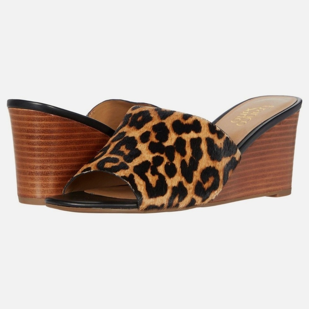 FRANCO SARTO Mckenna Wedge Sandals Leather Calf Hair Leopard Print Slip-On | 6